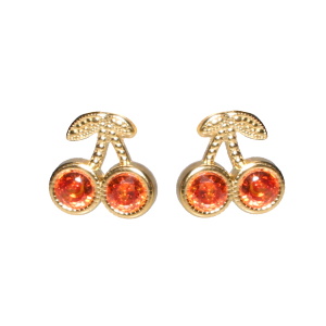 Boucles d'oreilles pendantes en forme de cerises en acier doré serties de strass rouge.