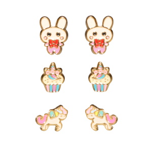 Lot de trois paires de boucles d'oreilles puces en forme de licorne, glace et lapin en acier doré et émail de couleur.