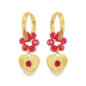 Ces élégantes boucles d'oreilles créoles en acier doré arborent un design de cœur suspendu. Chaque boucle est ornée d'une série de perles rondes d'un rouge éclatant, soigneusement sélectionnées pour leur polissage lisse et leur couleur homogène. Chaque coeur est serti d'un cristal rouge étincelant. Une composition artisanale sophistiquée, idéale pour ajouter une touche de couleur naturelle et d'élégance intemporelle à votre allure.