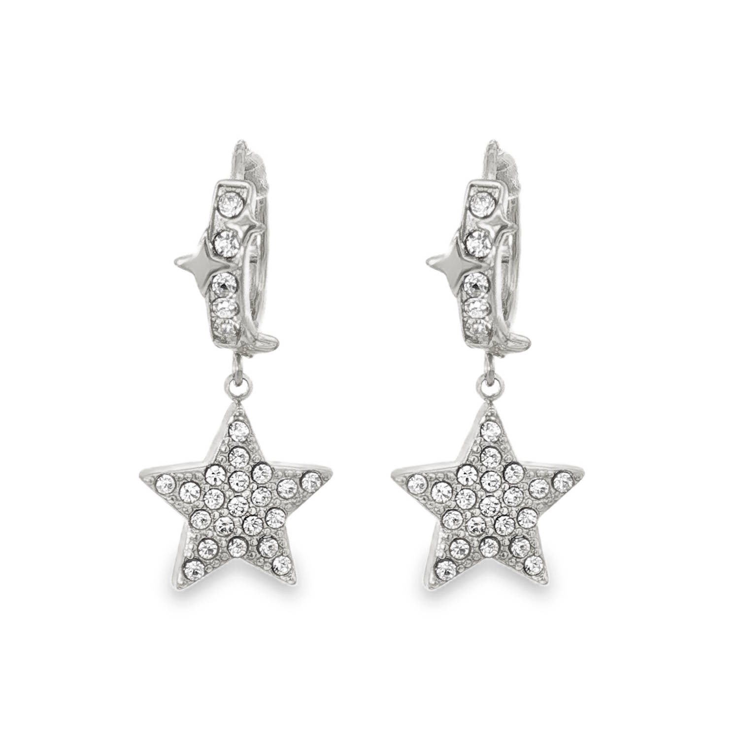 Sublimes boucles d'oreilles créoles pendantes en acier argenté, rehaussées d'un motif étoile scintillant.<br/>La monture en acier argenté met en valeur l'éclat des strass de taille brillant.<br/>Un bijou étincelant, parfait pour ajouter une touche de glamour à votre quotidien.<br/>Ces boucles d'oreilles pendantes sont un ajout sophistiqué à toute collection de bijoux. Créoles Etoile Pendantes Strass Adolescent Adulte Femme Fille Indémodable Nature Sublimes boucles d'oreilles créoles pendantes en acier argenté, rehaussées d'un motif étoile scintillant.<br/>La monture en acier argenté met en valeur l'éclat des strass de taille brillant.<br/>Un bijou étincelant, parfait pour ajouter une touche de glamour à votre quotidien.<br/>Ces boucles d'oreilles pendantes sont un ajout sophistiqué à toute collection de bijoux. Créoles Etoile Pendantes Strass Adolescent Adulte Femme Fille Indémodable Nature