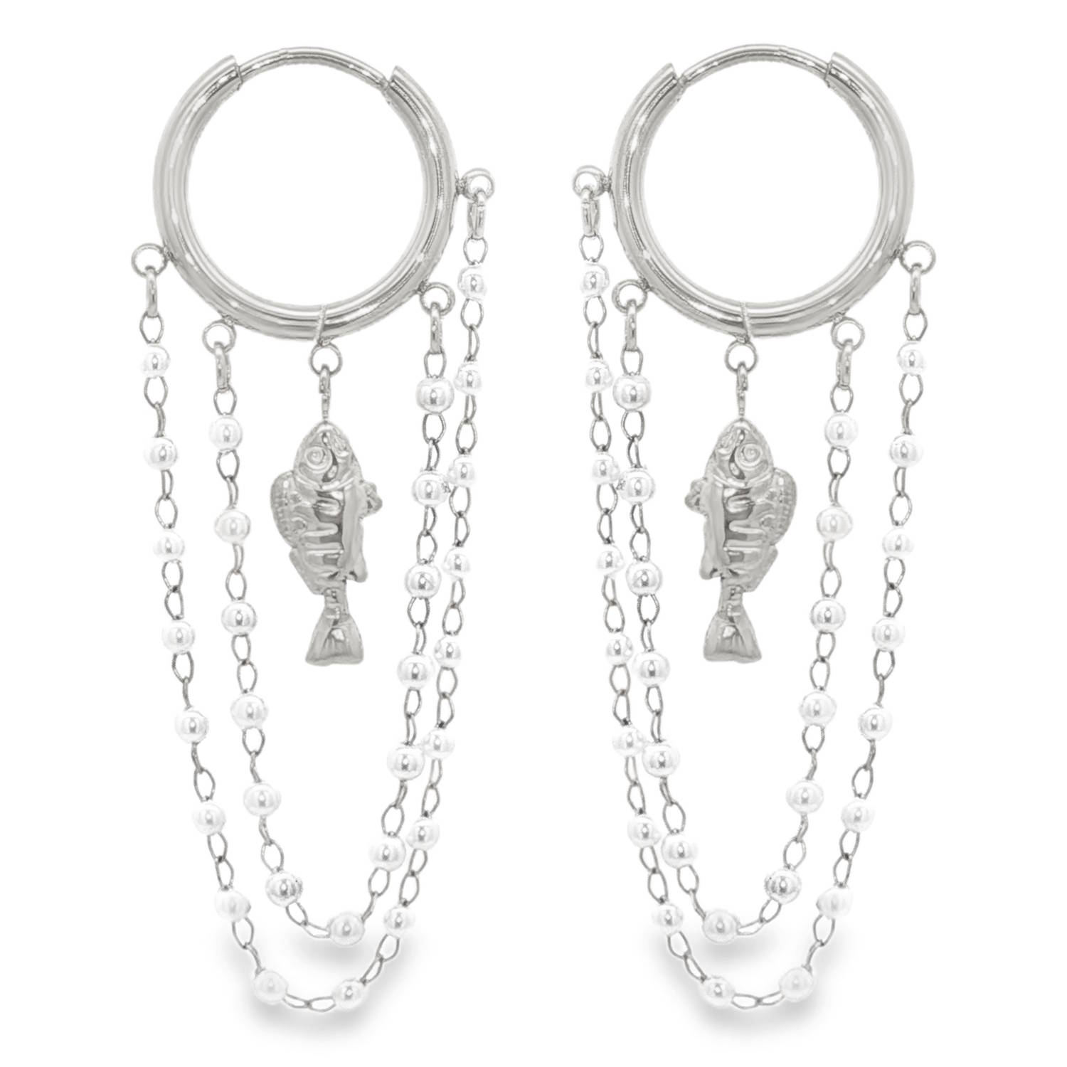 Affirmez votre style avec ces boucles d'oreilles audacieuses en acier inoxydable argenté, alliant l'esprit rebelle du design industriel à la délicatesse des détails marins. Ce bijou unique joue sur l'accumulation et le mouvement pour un look à la fois moderne et onirique.<br/>Chaque boucle arbore en son centre un charm poisson finement sculpté, apportant une touche de caractère et de relief.<br/>Deux rangées de chaînes délicates encadrent le motif central. Elles sont agrémentées de petites perles nacrées polies qui captent la lumière à chaque mouvement de tête. Créoles Pendantes Perle Poisson Adolescent Adulte Animaux Femme Fille Indémodable Nature Affirmez votre style avec ces boucles d'oreilles audacieuses en acier inoxydable argenté, alliant l'esprit rebelle du design industriel à la délicatesse des détails marins. Ce bijou unique joue sur l'accumulation et le mouvement pour un look à la fois moderne et onirique.<br/>Chaque boucle arbore en son centre un charm poisson finement sculpté, apportant une touche de caractère et de relief.<br/>Deux rangées de chaînes délicates encadrent le motif central. Elles sont agrémentées de petites perles nacrées polies qui captent la lumière à chaque mouvement de tête. Créoles Pendantes Perle Poisson Adolescent Adulte Animaux Femme Fille Indémodable Nature