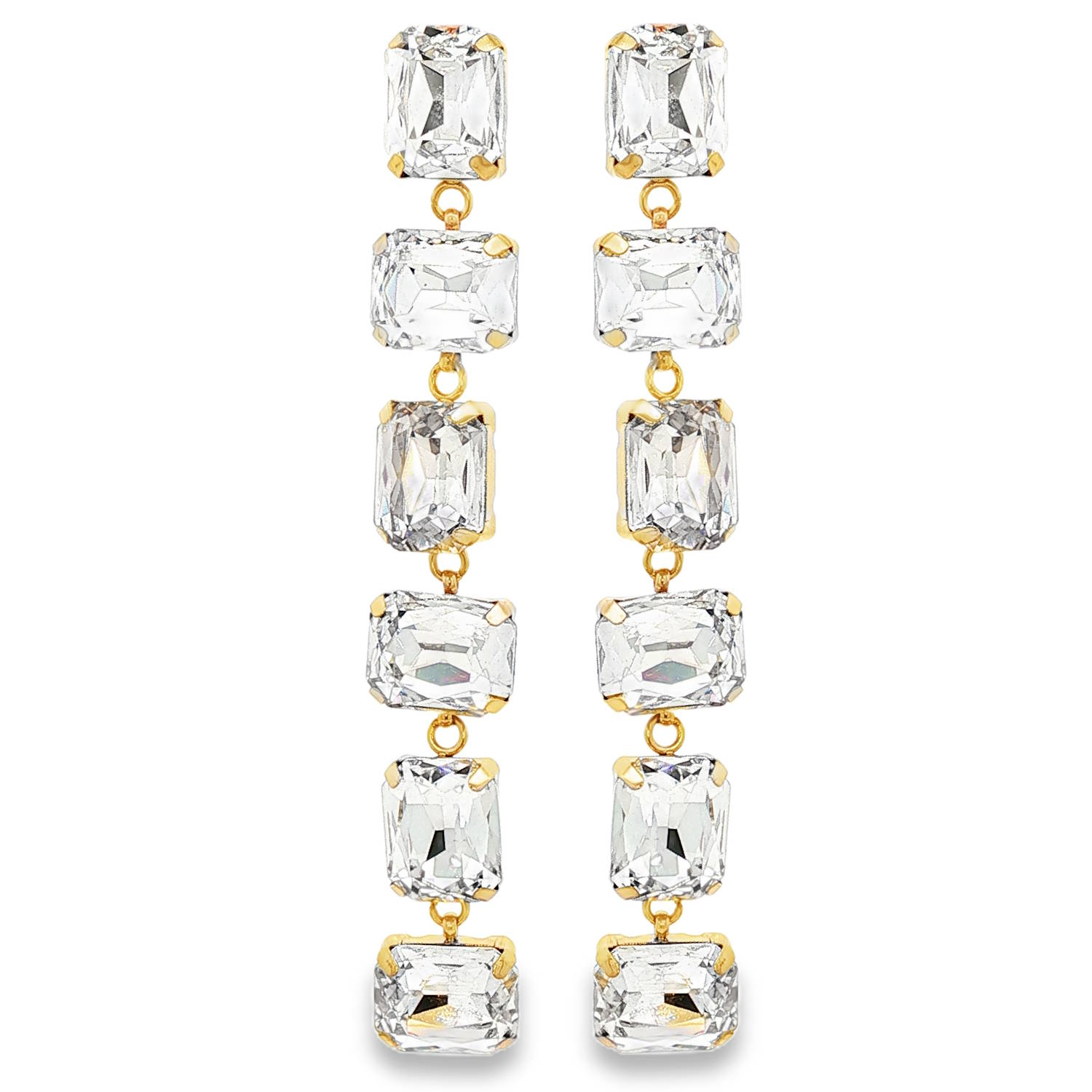 Ces élégantes boucles d'oreilles pendantes allient un design géométrique moderne à un éclat classique.<br/>Ces boucles d'oreilles se distinguent par leur structure en cascade, composée d'une succession verticale de six cristaux transparents. L'alternance entre les pierres disposées verticalement et horizontalement crée un rythme visuel dynamique et sophistiqué.<br/>Chaque pierre est délicatement maintenue par un serti à quatre griffes en acier doré, offrant un contraste chaud et luxueux avec la froideur cristalline des pierres. Pendantes Rectangle Adolescent Adulte Femme Fille Indémodable Ces élégantes boucles d'oreilles pendantes allient un design géométrique moderne à un éclat classique.<br/>Ces boucles d'oreilles se distinguent par leur structure en cascade, composée d'une succession verticale de six cristaux transparents. L'alternance entre les pierres disposées verticalement et horizontalement crée un rythme visuel dynamique et sophistiqué.<br/>Chaque pierre est délicatement maintenue par un serti à quatre griffes en acier doré, offrant un contraste chaud et luxueux avec la froideur cristalline des pierres. Pendantes Rectangle Adolescent Adulte Femme Fille Indémodable