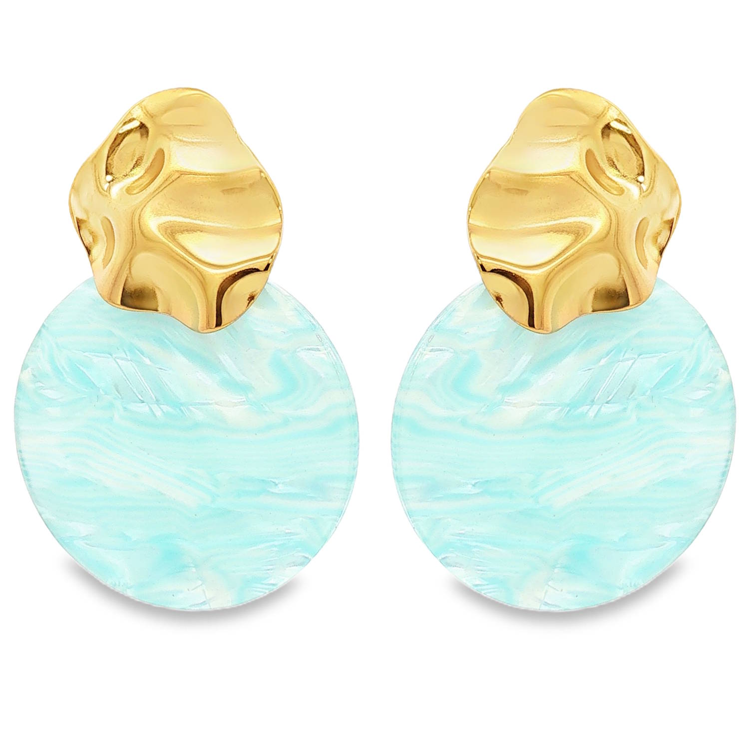 Apportez une touche de fraîcheur et d'élégance organique à votre style avec ces boucles d'oreilles pendantes au design contemporain. Alliant la noblesse du métal et la douceur des textures minérales, elles sont l'accessoire parfait pour illuminer votre visage.<br/>Une pièce en acier inoxydable doré à la finition martelée et ondulée. Sa forme irrégulière accroche la lumière de manière unique, rappelant le mouvement du métal fondu ou les reflets du soleil sur l'eau.<br/>Un large disque arborant un motif marbré aux nuances bleu ciel et turquoise. Chaque paire est unique grâce aux veinures naturelles de la matière, évoquant la clarté des eaux tropicales. Pendantes Rond Adolescent Adulte Eté Femme Fille Printemps Apportez une touche de fraîcheur et d'élégance organique à votre style avec ces boucles d'oreilles pendantes au design contemporain. Alliant la noblesse du métal et la douceur des textures minérales, elles sont l'accessoire parfait pour illuminer votre visage.<br/>Une pièce en acier inoxydable doré à la finition martelée et ondulée. Sa forme irrégulière accroche la lumière de manière unique, rappelant le mouvement du métal fondu ou les reflets du soleil sur l'eau.<br/>Un large disque arborant un motif marbré aux nuances bleu ciel et turquoise. Chaque paire est unique grâce aux veinures naturelles de la matière, évoquant la clarté des eaux tropicales. Pendantes Rond Adolescent Adulte Eté Femme Fille Printemps
