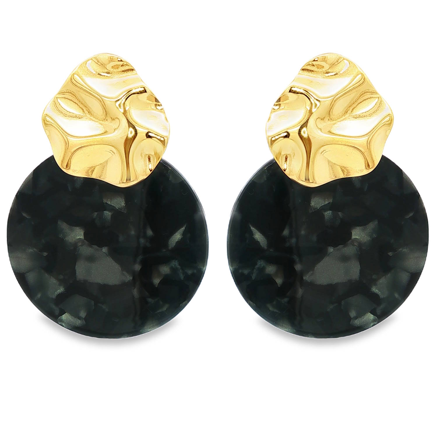 Apportez une touche de sophistication moderne à votre allure avec ces boucles d'oreilles pendantes au design audacieux. Mariant parfaitement la chaleur du métal et la profondeur des textures organiques, ce bijou est la pièce maîtresse idéale pour sublimer un look quotidien ou illuminer une tenue de soirée.<br/>Une puce en acier inoxydable doré à la finition miroir. Sa forme organique et martelée évoque le mouvement d'une pépite d'or liquide, captant la lumière à chaque mouvement de tête.<br/>Un large disque arborant un motif marbré dans des teintes noir charbon et gris fumé. Ce contraste apporte une dimension mystérieuse et artistique à l'ensemble. Pendantes Rond Adolescent Adulte Eté Femme Fille Printemps Apportez une touche de sophistication moderne à votre allure avec ces boucles d'oreilles pendantes au design audacieux. Mariant parfaitement la chaleur du métal et la profondeur des textures organiques, ce bijou est la pièce maîtresse idéale pour sublimer un look quotidien ou illuminer une tenue de soirée.<br/>Une puce en acier inoxydable doré à la finition miroir. Sa forme organique et martelée évoque le mouvement d'une pépite d'or liquide, captant la lumière à chaque mouvement de tête.<br/>Un large disque arborant un motif marbré dans des teintes noir charbon et gris fumé. Ce contraste apporte une dimension mystérieuse et artistique à l'ensemble. Pendantes Rond Adolescent Adulte Eté Femme Fille Printemps