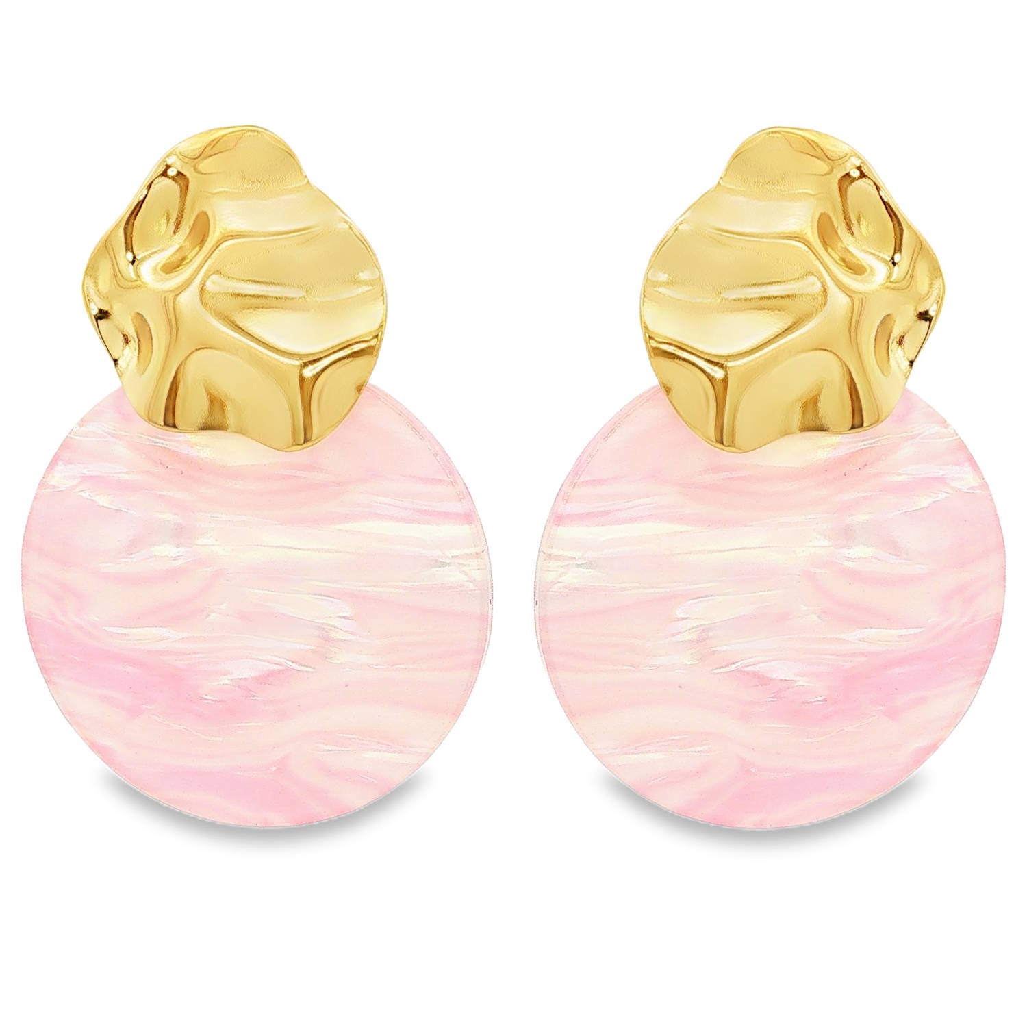 Apportez une touche de douceur et de modernité à votre allure avec ces boucles d'oreilles pendantes au design organique. Alliant la force de l'acier et la délicatesse des reflets nacrés, ce bijou est la pièce maîtresse idéale pour illuminer votre visage.<br/>La partie supérieure est constituée d'une pastille en acier inoxydable doré, travaillée avec un effet martelé ou froissé très tendance. Sa finition brillante accroche la lumière à chaque mouvement.<br/>Un large disque suspendu délicatement. Sa teinte rose poudré présente des marbrures blanches et nacrées uniques, rappelant la douceur des nuages au lever du soleil. Pendantes Rond Adolescent Adulte Eté Femme Fille Printemps Apportez une touche de douceur et de modernité à votre allure avec ces boucles d'oreilles pendantes au design organique. Alliant la force de l'acier et la délicatesse des reflets nacrés, ce bijou est la pièce maîtresse idéale pour illuminer votre visage.<br/>La partie supérieure est constituée d'une pastille en acier inoxydable doré, travaillée avec un effet martelé ou froissé très tendance. Sa finition brillante accroche la lumière à chaque mouvement.<br/>Un large disque suspendu délicatement. Sa teinte rose poudré présente des marbrures blanches et nacrées uniques, rappelant la douceur des nuages au lever du soleil. Pendantes Rond Adolescent Adulte Eté Femme Fille Printemps