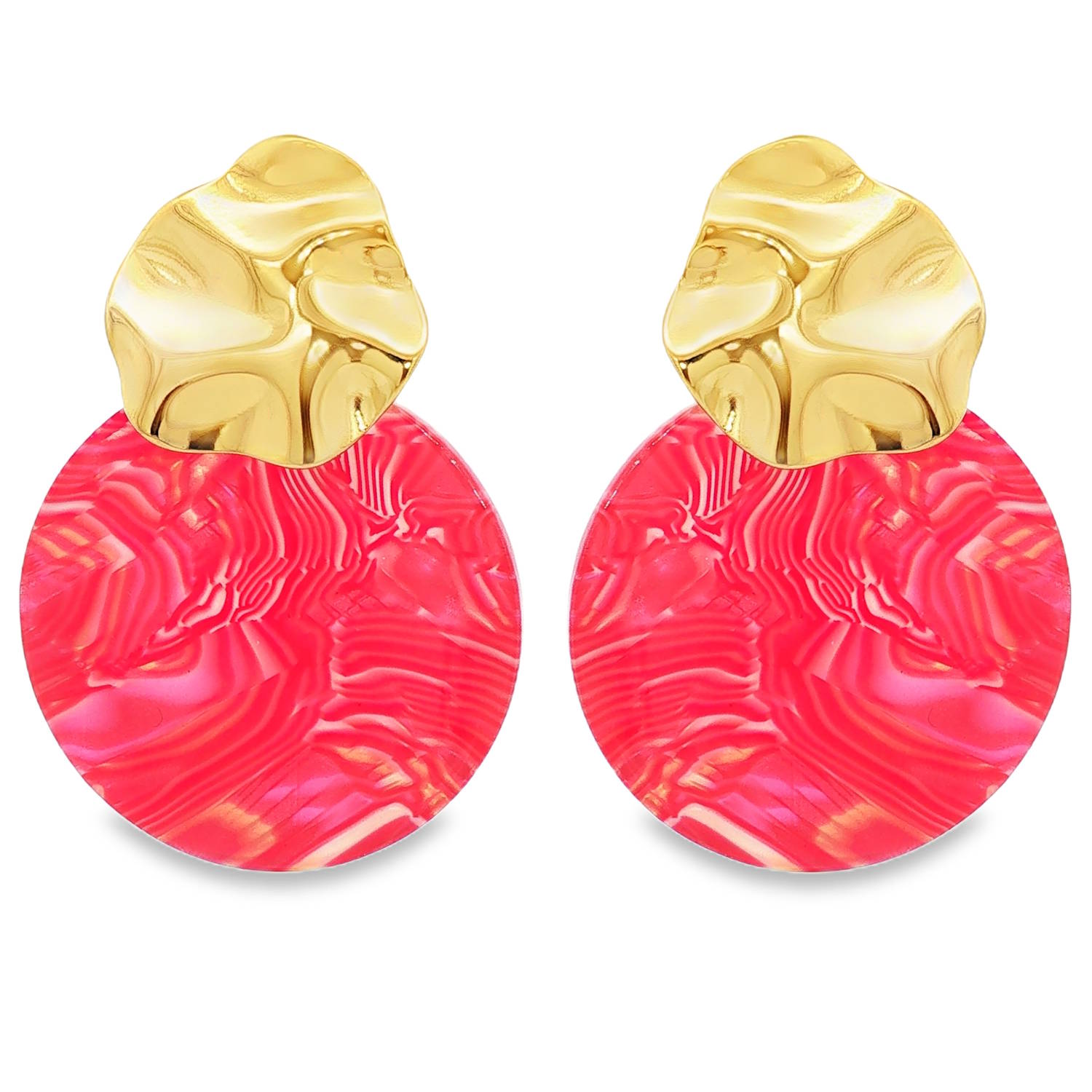Apportez une touche de dynamisme et de modernité à votre allure avec ces boucles d'oreilles pendantes au design audacieux. Alliant la noblesse du métal texturé à la vivacité de la résine, ce bijou est une véritable pièce maîtresse pour sublimer votre visage.<br/>La puce d'oreille en acier doré présente une surface irrégulière et ondulée qui accroche la lumière de façon organique, rappelant l'aspect de l'or brossé ou du métal fondu.<br/>Le pendentif circulaire arbore des motifs hypnotiques dans des tons de rose fuchsia et rouge corail, offrant un effet de profondeur unique similaire à de l'agate ou de la nacre. Pendantes Rond Adolescent Adulte Eté Femme Fille Printemps Apportez une touche de dynamisme et de modernité à votre allure avec ces boucles d'oreilles pendantes au design audacieux. Alliant la noblesse du métal texturé à la vivacité de la résine, ce bijou est une véritable pièce maîtresse pour sublimer votre visage.<br/>La puce d'oreille en acier doré présente une surface irrégulière et ondulée qui accroche la lumière de façon organique, rappelant l'aspect de l'or brossé ou du métal fondu.<br/>Le pendentif circulaire arbore des motifs hypnotiques dans des tons de rose fuchsia et rouge corail, offrant un effet de profondeur unique similaire à de l'agate ou de la nacre. Pendantes Rond Adolescent Adulte Eté Femme Fille Printemps