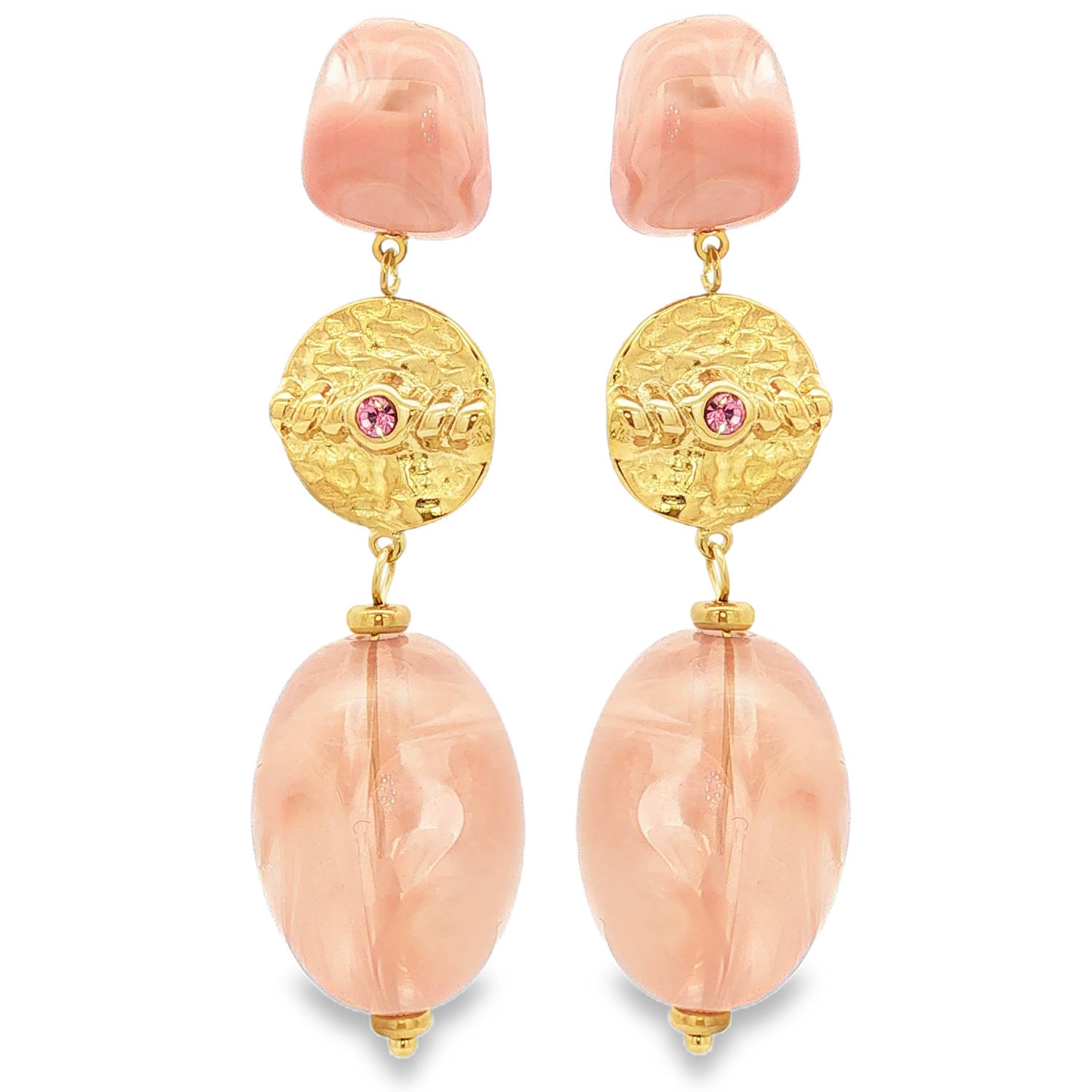 Apportez une touche de douceur et de caractère à votre visage avec ces magnifiques boucles d'oreilles pendantes au design organique et sophistiqué. Mariant l'éclat de l'or à la tendresse du rose poudré, ce bijou est une véritable ode à la féminité moderne.<br/>Les deux pièces principales (le clou et la goutte pendante) sont réalisées en résine rose pastel, présentant de délicats reflets marbrés qui imitent la pierre naturelle.<br/>Au centre, un disque doré texturé à l'effet martelé apporte une touche vintage et authentique. Il est orné en son cœur d'un cristal rose étincelant, ajoutant un point de lumière subtil. Ovale Pendantes Rond Adolescent Adulte Eté Femme Fille Printemps Apportez une touche de douceur et de caractère à votre visage avec ces magnifiques boucles d'oreilles pendantes au design organique et sophistiqué. Mariant l'éclat de l'or à la tendresse du rose poudré, ce bijou est une véritable ode à la féminité moderne.<br/>Les deux pièces principales (le clou et la goutte pendante) sont réalisées en résine rose pastel, présentant de délicats reflets marbrés qui imitent la pierre naturelle.<br/>Au centre, un disque doré texturé à l'effet martelé apporte une touche vintage et authentique. Il est orné en son cœur d'un cristal rose étincelant, ajoutant un point de lumière subtil. Ovale Pendantes Rond Adolescent Adulte Eté Femme Fille Printemps