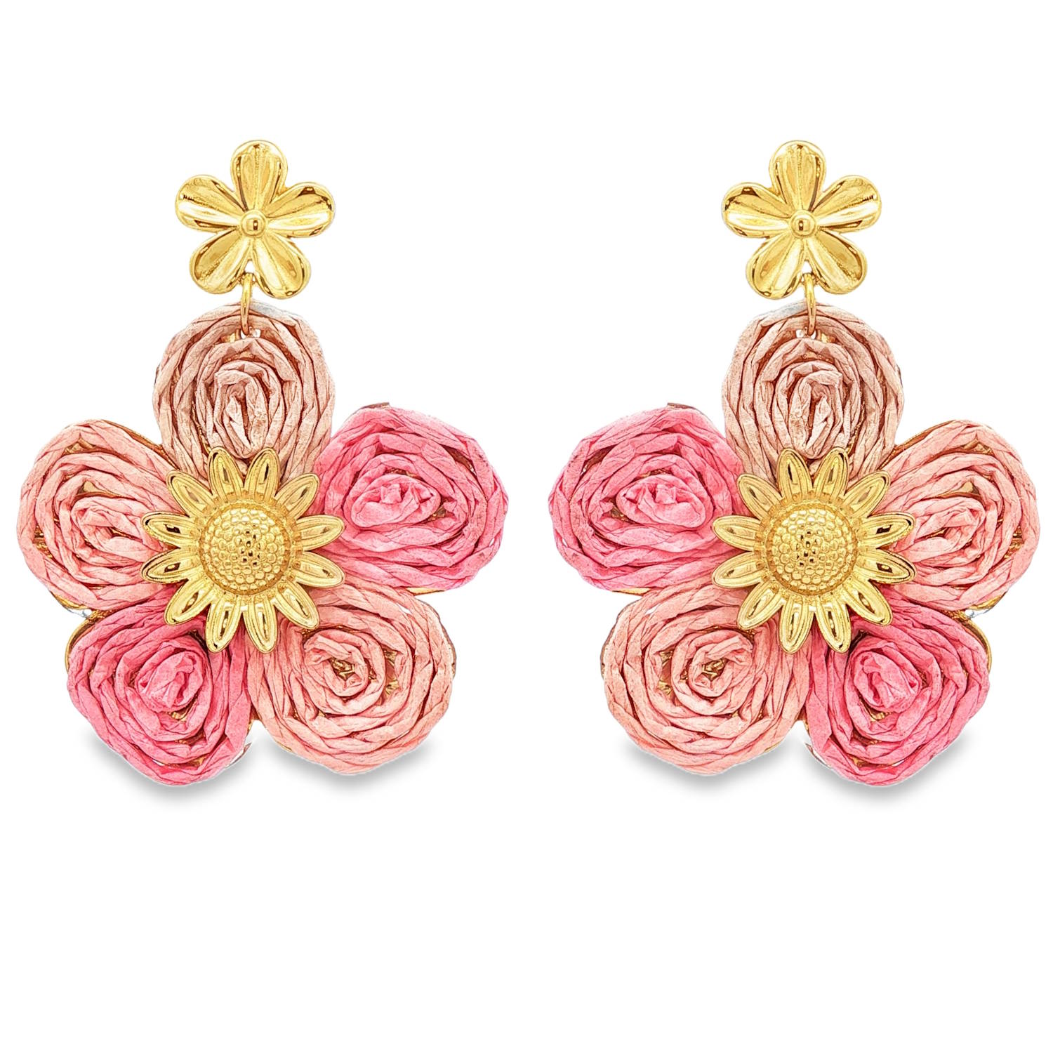 Apportez une touche de fraîcheur et d'élégance bohème à votre tenue avec ces magnifiques boucles d'oreilles pendantes. Alliant la robustesse de l'acier et la délicatesse des matières naturelles, ces bijoux sont une véritable célébration du printemps.<br/>La partie supérieure est une délicate fleur à cinq pétales polis en acier doré.<br/>Chaque boucle présente une fleur généreuse composée de cinq pétales texturés. Le raphia est méticuleusement enroulé pour créer un effet de relief évoquant des boutons de roses.<br/>Le cœur de la grande fleur est orné d'un tournesol ciselé en relief en acier doré, ajoutant une touche précieuse au centre de la composition. Pendantes Adolescent Adulte Eté Femme Fille Fleurs Nature Printemps Apportez une touche de fraîcheur et d'élégance bohème à votre tenue avec ces magnifiques boucles d'oreilles pendantes. Alliant la robustesse de l'acier et la délicatesse des matières naturelles, ces bijoux sont une véritable célébration du printemps.<br/>La partie supérieure est une délicate fleur à cinq pétales polis en acier doré.<br/>Chaque boucle présente une fleur généreuse composée de cinq pétales texturés. Le raphia est méticuleusement enroulé pour créer un effet de relief évoquant des boutons de roses.<br/>Le cœur de la grande fleur est orné d'un tournesol ciselé en relief en acier doré, ajoutant une touche précieuse au centre de la composition. Pendantes Adolescent Adulte Eté Femme Fille Fleurs Nature Printemps