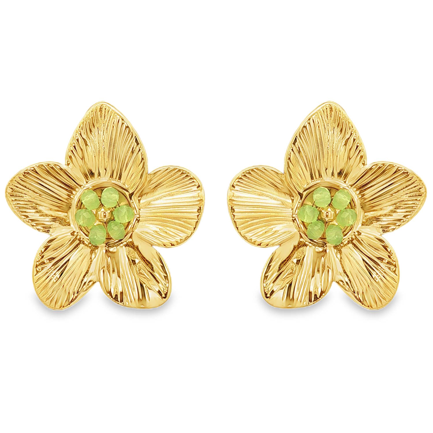 Ces magnifiques boucles d'oreilles capturent l'essence du printemps avec un design floral à la fois solaire et rafraîchissant. Fabriquées en acier inoxydable doré, elles allient la robustesse d'un métal moderne à l'élégance intemporelle des bijoux d'inspiration nature.<br/>Chaque boucle représente une fleur à cinq pétales généreux. La texture de l'acier est minutieusement travaillée avec des stries délicates qui partent du centre vers l'extérieur, offrant un jeu de lumière captivant et un relief réaliste.<br/>Le centre de la fleur est orné d'un petit dôme composé de cristaux vert. Cette touche de couleur apporte un contraste vibrant avec l'éclat de l'or, rappelant la fraîcheur du feuillage printanier. Pendantes Perle Adolescent Adulte Eté Femme Fille Fleurs Nature Printemps Ces magnifiques boucles d'oreilles capturent l'essence du printemps avec un design floral à la fois solaire et rafraîchissant. Fabriquées en acier inoxydable doré, elles allient la robustesse d'un métal moderne à l'élégance intemporelle des bijoux d'inspiration nature.<br/>Chaque boucle représente une fleur à cinq pétales généreux. La texture de l'acier est minutieusement travaillée avec des stries délicates qui partent du centre vers l'extérieur, offrant un jeu de lumière captivant et un relief réaliste.<br/>Le centre de la fleur est orné d'un petit dôme composé de cristaux vert. Cette touche de couleur apporte un contraste vibrant avec l'éclat de l'or, rappelant la fraîcheur du feuillage printanier. Pendantes Perle Adolescent Adulte Eté Femme Fille Fleurs Nature Printemps