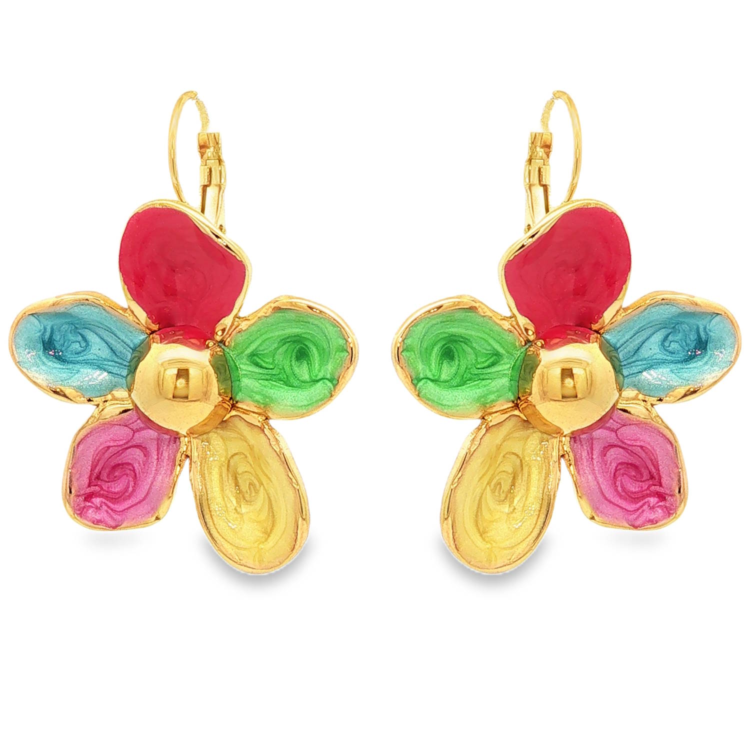Apportez une touche de fraîcheur et de gaieté à votre style avec ces magnifiques boucles d'oreilles en forme de fleurs. Alliant la durabilité de l'acier et l'éclat des couleurs printanières, ce bijou est l'accessoire parfait pour illuminer votre visage.<br/>Chaque boucle représente une fleur à cinq pétales généreux, centrée autour d'un dôme doré poli qui capture la lumière.<br/>Les pétales sont ornés d'un émail nacré aux reflets tourbillonnants. On y retrouve un mélange harmonieux de rouge passion, bleu azur, vert prairie, jaune soleil et rose tendre. Pendantes Adolescent Adulte Eté Femme Fille Fleurs Nature Printemps Apportez une touche de fraîcheur et de gaieté à votre style avec ces magnifiques boucles d'oreilles en forme de fleurs. Alliant la durabilité de l'acier et l'éclat des couleurs printanières, ce bijou est l'accessoire parfait pour illuminer votre visage.<br/>Chaque boucle représente une fleur à cinq pétales généreux, centrée autour d'un dôme doré poli qui capture la lumière.<br/>Les pétales sont ornés d'un émail nacré aux reflets tourbillonnants. On y retrouve un mélange harmonieux de rouge passion, bleu azur, vert prairie, jaune soleil et rose tendre. Pendantes Adolescent Adulte Eté Femme Fille Fleurs Nature Printemps