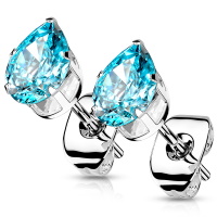 Boucles d'oreilles puces en acier argenté en forme de larme serties 5 griffes d'un oxyde de zirconium turquoise.