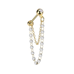 Piercing haltère pour tragus en acier chirurgical 316L doré serti d'un oxyde de zirconium blanc avec une chaînette de perles et une chaînette en acier chirurgical 316L doré. Vendu à l'unité.