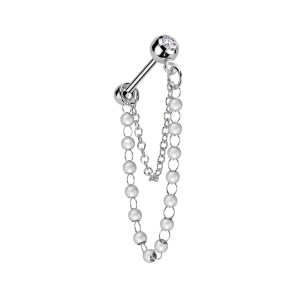 Piercing haltère pour tragus en acier chirurgical 316L argenté serti d'un oxyde de zirconium blanc avec une chaînette de perles et une chaînette en acier chirurgical 316L argenté. Vendu à l'unité.