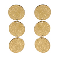 Boucles d'oreilles pendantes composées de trois pastilles rondes en acier doré.