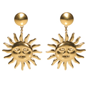 Boucles d'oreilles pendantes composées d'une puce ronde et d'un soleil avec visage en acier doré.