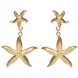 Boucles d'oreilles pendantes composées de deux étoiles de mer en acier doré.