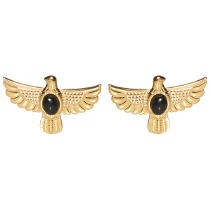 Boucles d'oreilles en forme d'aigle en acier doré surmontées de cabochon de couleur noir.