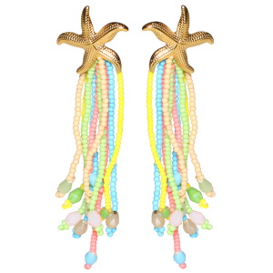 Boucles d'oreilles pendantes en forme d'étoiles de mer en acier doré avec des franges de perles multicolores.