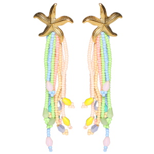 Boucles d'oreilles pendantes en forme d'étoiles de mer en acier doré avec des franges de perles multicolores.