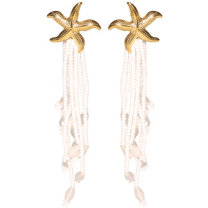 Boucles d'oreilles pendantes en forme d'étoiles de mer en acier doré avec des franges de perles de couleur blanche.