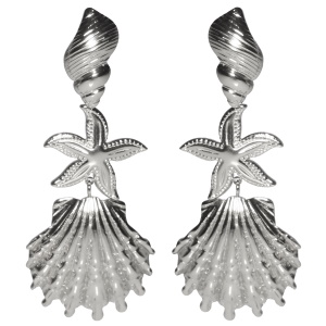 Boucles d'oreilles pendantes en forme de coquillages et d'étoile de mer en acier argenté.