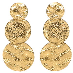 Boucles d'oreilles pendantes composées de trois pastilles rondes martelées en acier doré.