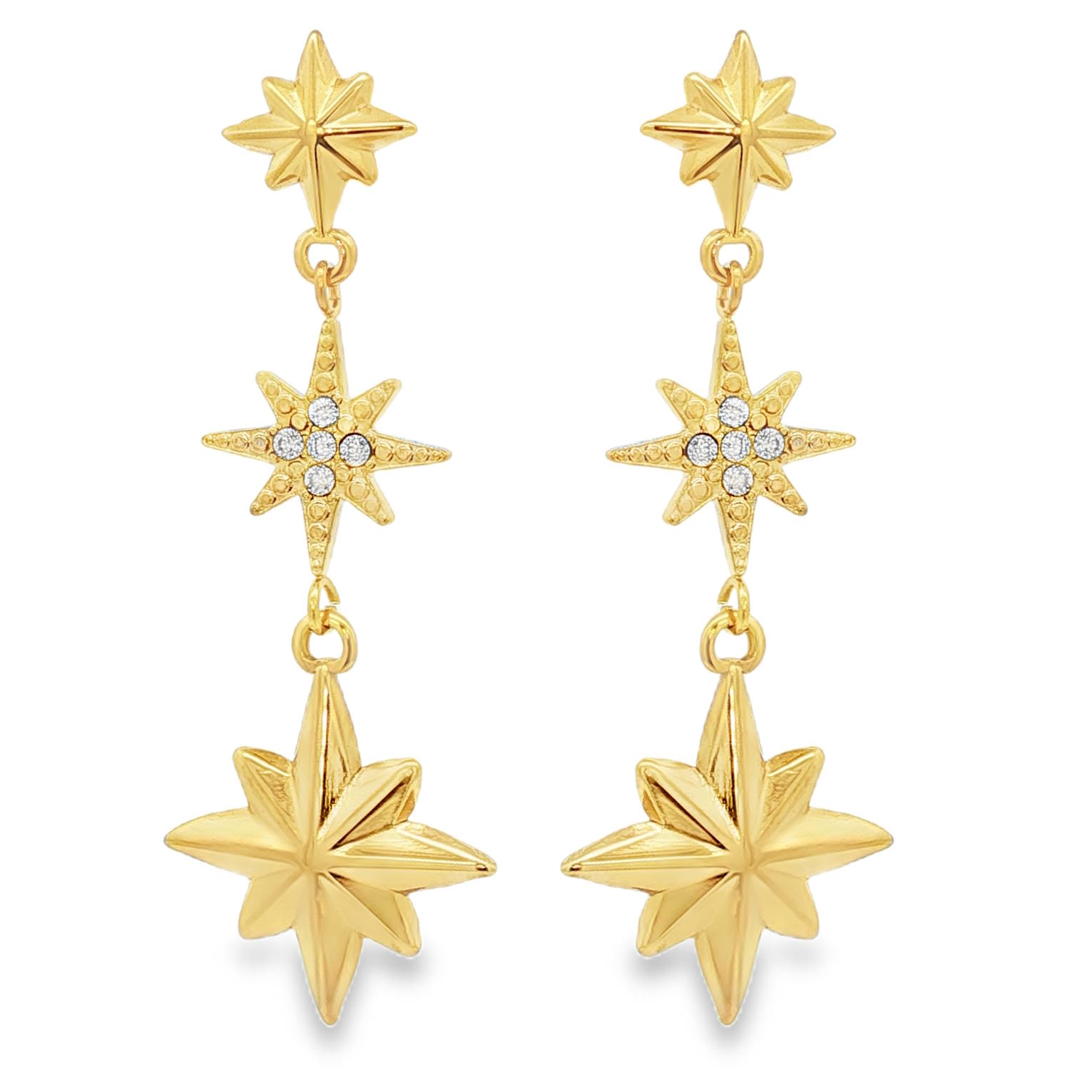 Illuminez votre style avec ces ravissantes boucles d'oreilles pendantes en acier doré, ornées de motifs d'étoiles scintillants.<br/>Chaque boucle est délicatement sertie de strass incolores de taille brillant, captant la lumière sous tous les angles.<br/>Le design raffiné et la finition polie confèrent à ces boucles d'oreilles une élégance céleste, idéale pour sublimer votre allure au quotidien ou lors d'occasions spéciales. Etoile Pendantes Strass Adolescent Adulte Femme Fille Nature Illuminez votre style avec ces ravissantes boucles d'oreilles pendantes en acier doré, ornées de motifs d'étoiles scintillants.<br/>Chaque boucle est délicatement sertie de strass incolores de taille brillant, captant la lumière sous tous les angles.<br/>Le design raffiné et la finition polie confèrent à ces boucles d'oreilles une élégance céleste, idéale pour sublimer votre allure au quotidien ou lors d'occasions spéciales. Etoile Pendantes Strass Adolescent Adulte Femme Fille Nature
