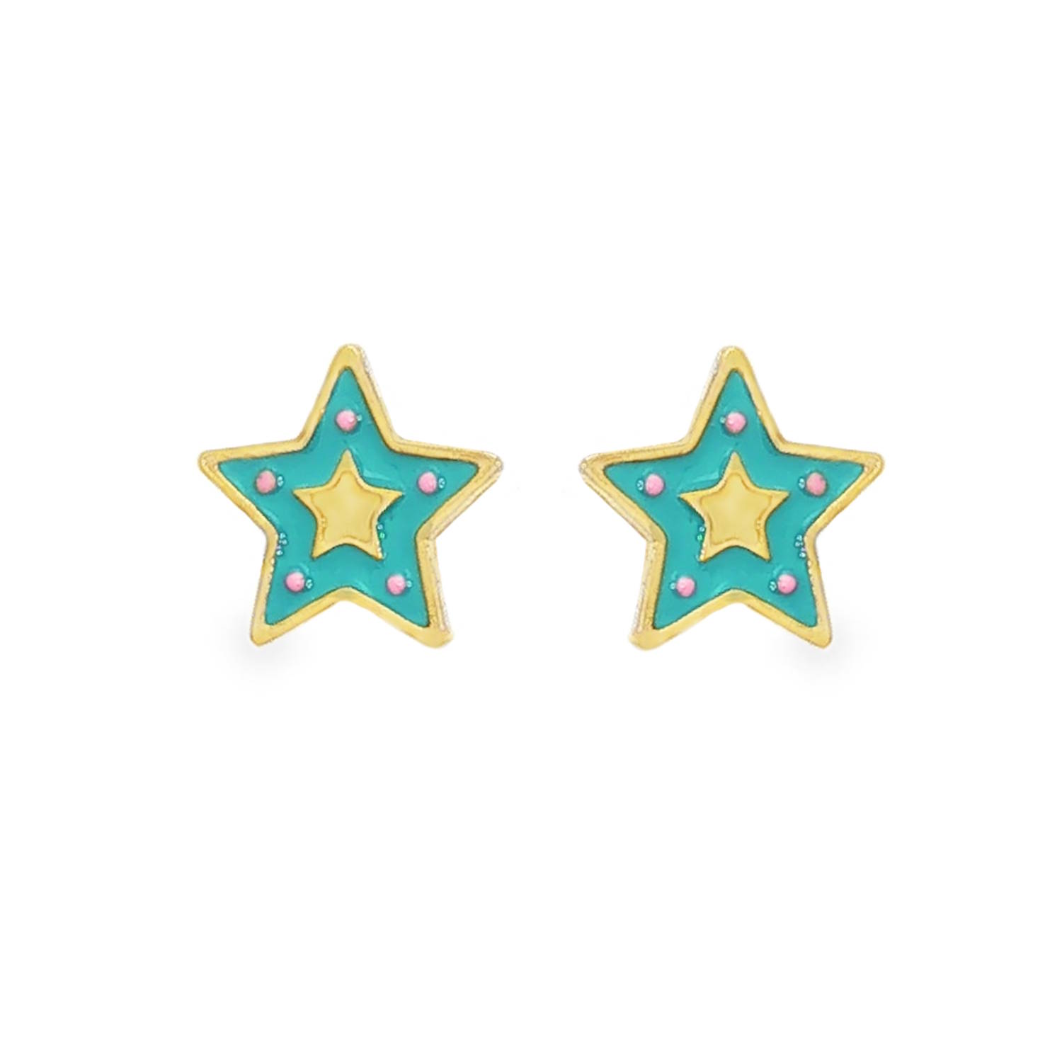 Apportez une touche de magie et de couleur à votre style avec ces adorables boucles d'oreilles en forme d'étoiles. Alliant la robustesse de l'acier et la finesse d'un design travaillé, elles sont l'accessoire idéal pour illuminer votre visage au quotidien.<br/>Une étoile à cinq branches aux contours arrondis pour un aspect doux et moderne. Le corps de l'étoile est revêtu d'un émail bleu turquoise vibrant, contrastant magnifiquement avec les bordures dorées.<br/>Au centre trône une petite étoile dorée en relief. Le pourtour est parsemé de petits points roses délicats, évoquant des constellations lointaines ou des confettis festifs. Etoile Puce Adolescent Adulte Enfant Femme Fille Indémodable Nature Apportez une touche de magie et de couleur à votre style avec ces adorables boucles d'oreilles en forme d'étoiles. Alliant la robustesse de l'acier et la finesse d'un design travaillé, elles sont l'accessoire idéal pour illuminer votre visage au quotidien.<br/>Une étoile à cinq branches aux contours arrondis pour un aspect doux et moderne. Le corps de l'étoile est revêtu d'un émail bleu turquoise vibrant, contrastant magnifiquement avec les bordures dorées.<br/>Au centre trône une petite étoile dorée en relief. Le pourtour est parsemé de petits points roses délicats, évoquant des constellations lointaines ou des confettis festifs. Etoile Puce Adolescent Adulte Enfant Femme Fille Indémodable Nature
