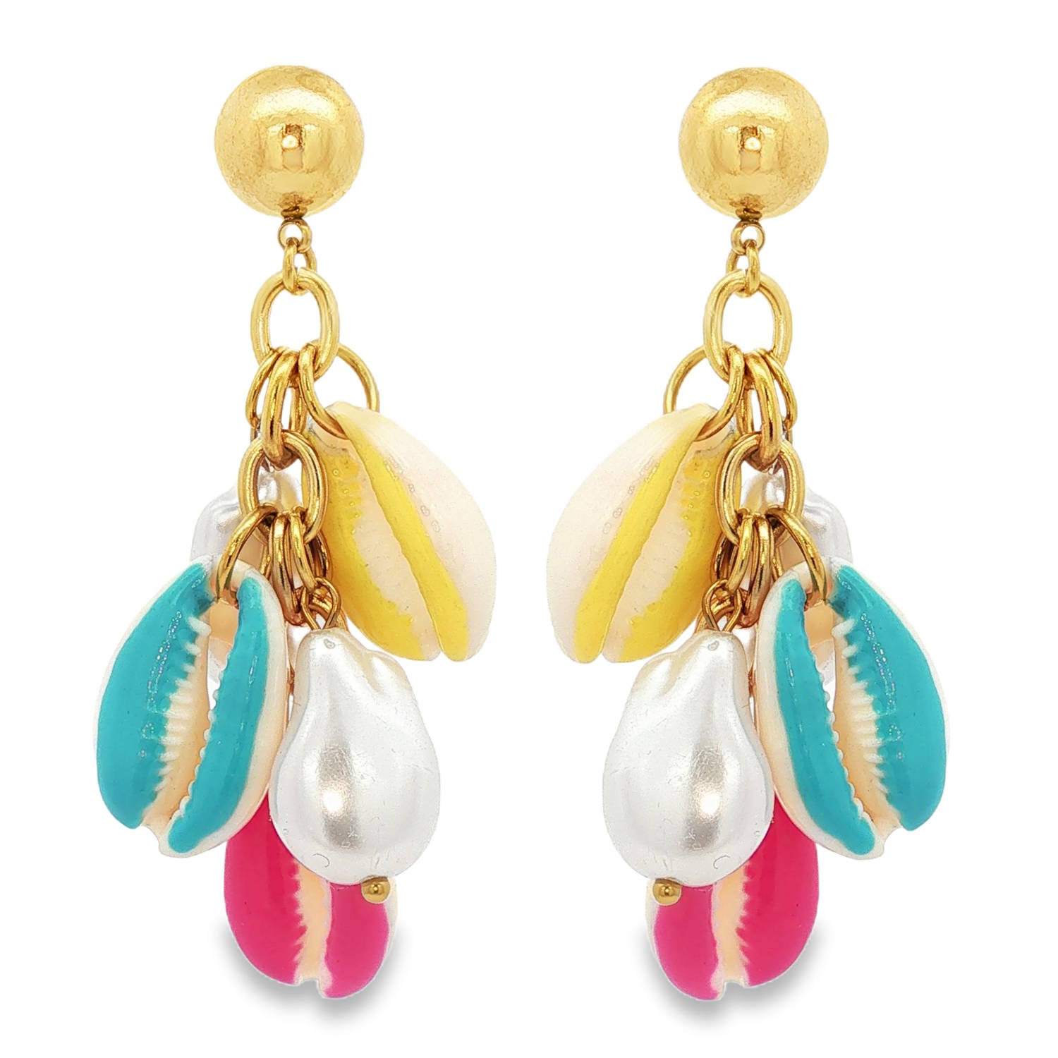 Apportez une touche de fraîcheur estivale et de sophistication à votre allure avec ces magnifiques boucles d'oreilles pendantes. Conçues pour capturer l'esprit des vacances et la beauté des fonds marins, ces pièces uniques sont un véritable hymne à la couleur.<br/>Ces boucles d'oreilles se distinguent par leur structure en cascade, composée d'un assemblage harmonieux de breloques suspendues à une puce d'oreille ronde et lisse en acier inoxydable doré.<br/>Trois coquillages aux teintes éclatantes — bleu turquoise, jaune soleil et rose fuchsia — apportent un contraste moderne et audacieux.<br/>Une perle d'imitation blanche, à la forme organique et au fini nacré, ajoute une note d'élégance classique et de douceur à l'ensemble. Coquillage Pendantes Perle Adolescent Adulte Eté Femme Fille Nature Printemps Apportez une touche de fraîcheur estivale et de sophistication à votre allure avec ces magnifiques boucles d'oreilles pendantes. Conçues pour capturer l'esprit des vacances et la beauté des fonds marins, ces pièces uniques sont un véritable hymne à la couleur.<br/>Ces boucles d'oreilles se distinguent par leur structure en cascade, composée d'un assemblage harmonieux de breloques suspendues à une puce d'oreille ronde et lisse en acier inoxydable doré.<br/>Trois coquillages aux teintes éclatantes — bleu turquoise, jaune soleil et rose fuchsia — apportent un contraste moderne et audacieux.<br/>Une perle d'imitation blanche, à la forme organique et au fini nacré, ajoute une note d'élégance classique et de douceur à l'ensemble. Coquillage Pendantes Perle Adolescent Adulte Eté Femme Fille Nature Printemps