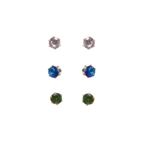 Lot de 3 paires de boucles d'oreilles puces en acier doré serties griffes de cristaux transparent et de couleur bleu et vert.