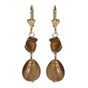 Boucles d'oreilles dormeuses pendantes en acier doré avec pierres de couleur marron.