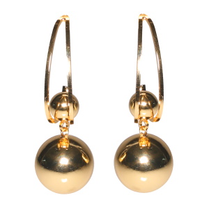 Boucles d'oreilles pendantes composées de deux boules mouvantes en acier doré.