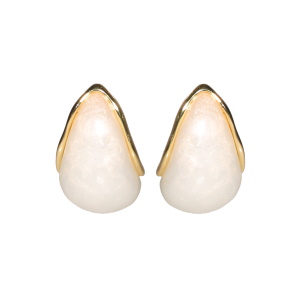 Boucles d'oreilles pendantes en forme de goutte en acier doré surmontées d'un cristal blanc.