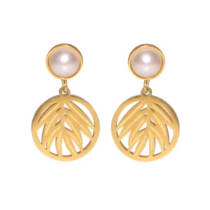 Boucles d'oreilles pendantes composées d'une puce ronde en acier doré sertie d'une perle d'imitation et d'une pastille ronde avec branchage en acier doré.