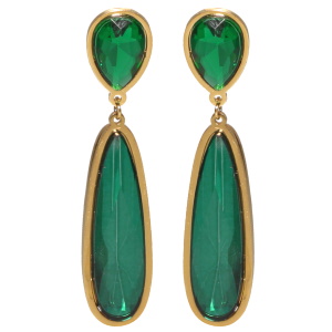 Boucles d'oreilles pendantes en acier doré serties de cristaux de couleur vert.