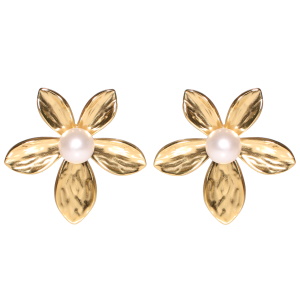 Boucles d'oreilles en forme de fleur en acier doré serties d'une perle d'imitation.