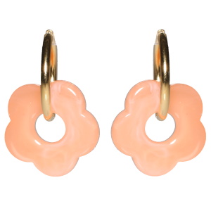 Boucles d'oreilles créoles en acier doré avec une fleur de couleur orange.
