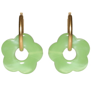 Boucles d'oreilles créoles en acier doré avec une fleur de couleur verte.
