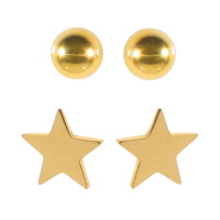 Lot de 2 paires de boucles d'oreilles puces en acier doré, l'une en forme de boule et l'autre en forme d'étoile.