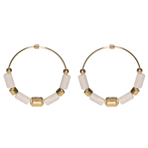 Boucles d'oreilles pendantes composées d'un cercle avec perles en acier doré et de perles cylindriques en pierre de couleur blanche.