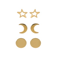 Lot de 3 paires de boucles d'oreilles puces en forme d'étoile ajourée, de croissant de lune et de pastille ronde en acier doré.