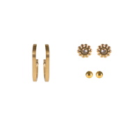 Lot de 3 paires de boucles d'oreilles puces en forme de boule, pendants crochets en acier doré et de fleur en acier doré sertie d'un cristal.