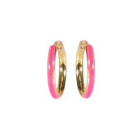 Boucles d'oreilles créoles fil rond en acier doré pavées d'émail de couleur rose.
