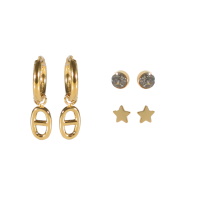 Lot de 3 paires de boucles d'oreilles puces en forme d'étoile, créoles avec pendant en acier doré et d'une puce en acier doré sertie d'un cristal.