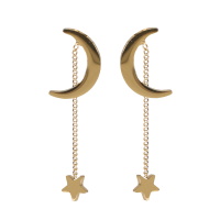 Boucles d'oreilles pendantes composé d'un croissant de lune et d'une chaîne avec étoile en acier doré.