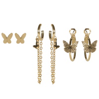 Lot de 3 paires de boucles d'oreilles composées d'une paire de puces en forme de papillon en acier doré, une paire de créoles surmontées d'un papillon en acier doré et d'une paire de créoles ouvertes avec un pendant papillon et une chaînette en acier doré.