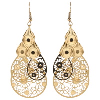 Boucles d'oreilles pendantes avec motifs de fleurs en filigrane en acier doré.