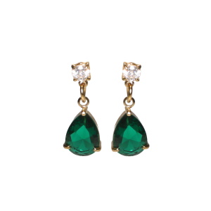 Boucles d'oreilles pendantes en acier doré composées d'une puce sertie griffes d'un cristal et d'un pendant serti griffes d'un cristal de couleur verte en forme de goutte.