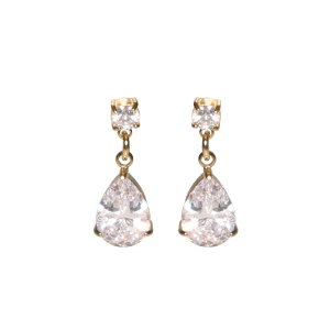 Boucles d'oreilles pendantes en acier doré composées d'une puce sertie griffes d'un cristal et d'un pendant serti griffes d'un cristal en forme de goutte.