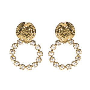 Boucles d'oreilles pendantes composées de puces rondes martelées en acier doré et d'un cercle serti de strass.